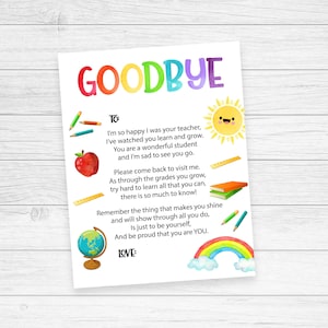 Regalo del maestro, carta de fin de escuela, poema de despedida a los estudiantes, imprimible de fin de año, descarga instantánea del arco iris