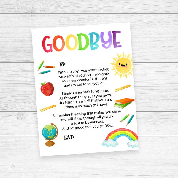 Gift from Teacher, end of school letter, goodbye poem to students, end of year printable, rainbow instant download