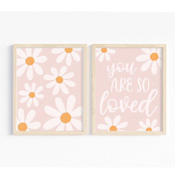 Nursery printable wall art set of 2, daisy wall art, girls boho prints, baby girl nursery decor, dusty pink, mustard yellow, baby gift