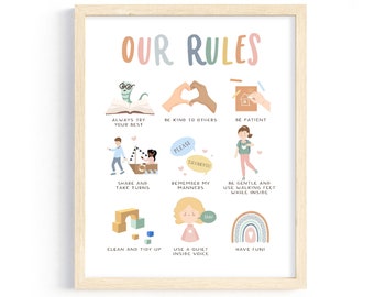 Classroom rules printable, Kid behaviour poster, strategies Chart, Montessori Decor, neutral playroom poster, house rules for kids