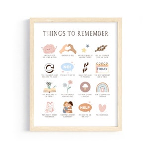 May include: A printable poster with a light brown wooden frame and a white background. The poster has the title "Things to Remember" and features 16 illustrated reminders with text in a light pink and blue colour scheme. The reminders include phrases like "Mistakes help you learn and grow", "Kindness is free", "You are capable of amazing things", "You are stronger than you know", "It's okay to say no", "Small steps lead to progress", "The most important day is today", "You don't have to be perfect", "You can grow at your own pace", "It's okay to have a bad day", "Practice gratitude every day", "Real beauty comes from within", "Everyone's journey is different", "It's okay to ask for help", and "You are enough".