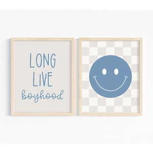 Long live boyhood printable wall art, set of 2, smiley prints, instant download, blue boys room decor, neutral kids room, retro poster