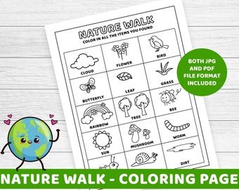 Dibujo para colorear de un paseo por la naturaleza en el Día de la Tierra, búsqueda del tesoro para niños (imprimible)
