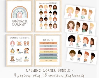 Calm down corner kit,  set of 4 posters and feelings flashcards, Montessori playroom, Boho classroom posters, emotions chart, for kids