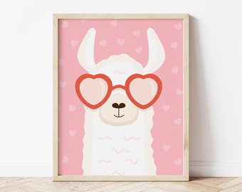 Valentine llama printable, Valentine&#39;s Day Decor, Galentines decor, Valentine&#39;s Day girls print, heart eyes glasses, alpaca wall art