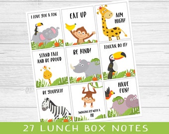 Lunch Box Notes for Kids, back to school notes, printable lunchbox cards, jungle animal notes, notes of encouragement, instant download