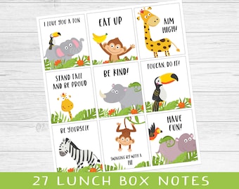 Lunch Box Notes for Kids, back to school notes, printable lunchbox cards, jungle animal notes, notes of encouragement, instant download