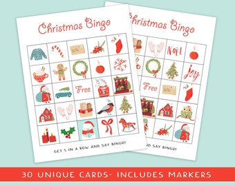 Weihnachtsbingo Spiel - 30 Einzigartige Feiertagskarten (Digitaler Download)