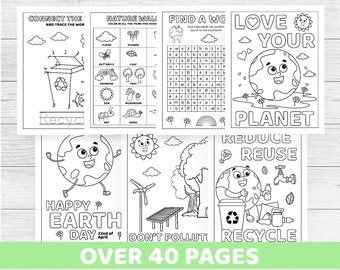 Earth Day coloring and activity pages, printable instant download, educational Earth Day worksheets, mazes for kids, find a word