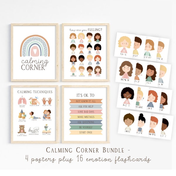 Calm down corner kit,  set of 4 posters and feelings flashcards, Montessori playroom, Boho classroom posters, emotions chart, for kids