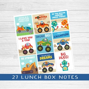 Lunchboxnotities voor jongens, voorschoolse lunchboxnotities, monstertrucks lunchboxnotities, terug naar schoolnotities, transportlunchkaarten