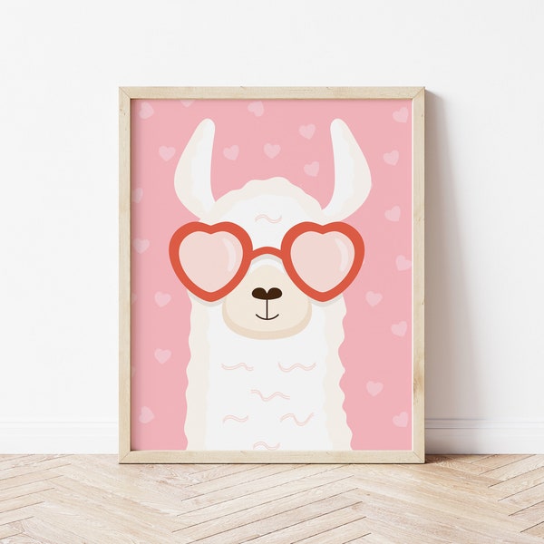 Valentine llama printable, Valentine's Day Decor, Galentines decor, Valentine's Day girls print, heart eyes glasses, alpaca wall art