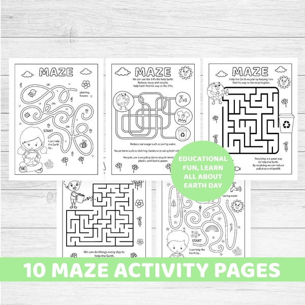 Earth Day activities, mazes for kids, printable instant download