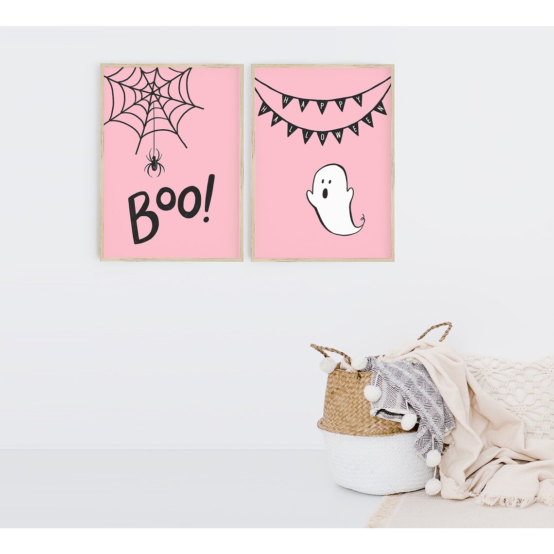 Pink Halloween Wall Art Set – Cute Ghost, Spider (digital Download) - Etsy