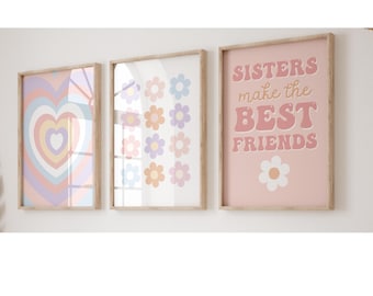 Les soeurs font les meilleures amies d'art mural imprimable, lot de 3, chambre de fille au mur, déco rose pastel