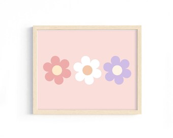 Impression de paysage de marguerites, décoration de chambre rose moderne, art mural pour chambre de bébé, décoration de chambre rétro pour filles, art pastel, affiche horizontale