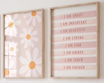 Ensemble de 2 impressions d'affirmation positive pour filles, art mural marguerite pour chambre d'enfant (téléchargement numérique)