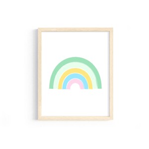 K&ouml;nnte beinhalten: Ein gerahmter Druck eines Regenbogens in Pastellfarben, darunter Gr&uuml;n, Gelb, Blau und Rosa.