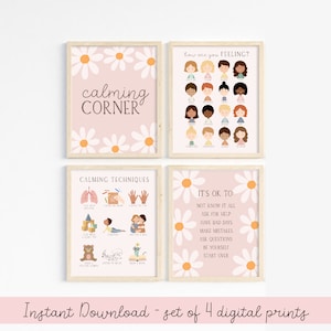 Ensemble de 4 affiches de coin apaisant pour les filles, salle de jeux Montessori, décor Boho, tableau des émotions, pour les enfants, marguerite imprimable, kit de coin calme