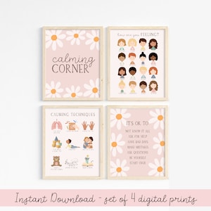 Calming corner set of 4 posters for girls,  Montessori playroom, Boho decor, emotions chart, for kids, daisy printable, calm corner kit