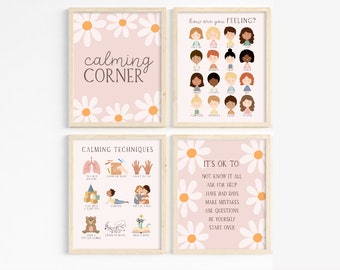 Calming corner set of 4 posters for girls,  Montessori playroom, Boho decor, emotions chart, for kids, daisy printable, calm corner kit
