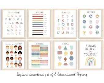 Educational prints, set of 8, rainbow classroom decor, Montessori Learning Posters, gender neutral, playroom wall art