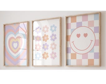 Art mural rétro Smiley, décoration de chambre de filles marguerite, pastel imprimable (téléchargement numérique)