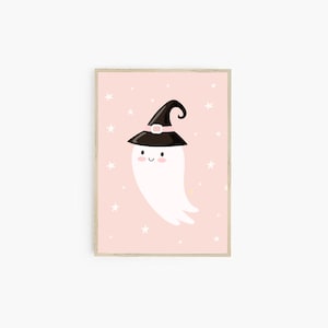 Cute ghost print, pastel halloween decor, halloween printable, girls halloween wall art, party decor, witches hat, boho print image 5