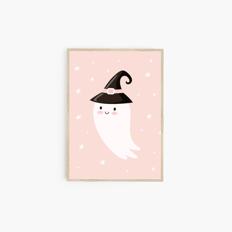 Cute ghost print, pastel halloween decor, halloween printable, girls halloween wall art, party decor, witches hat, boho print image 5