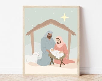 Christmas nativity print, Modern Christmas wall art, Christmas printable, nativity scene art, religious print