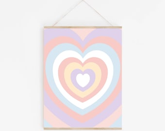 Art mural coeur amour rétro, décoration pastel de chambre de filles, impression de chambre de bébé fille, art mural imprimable filles