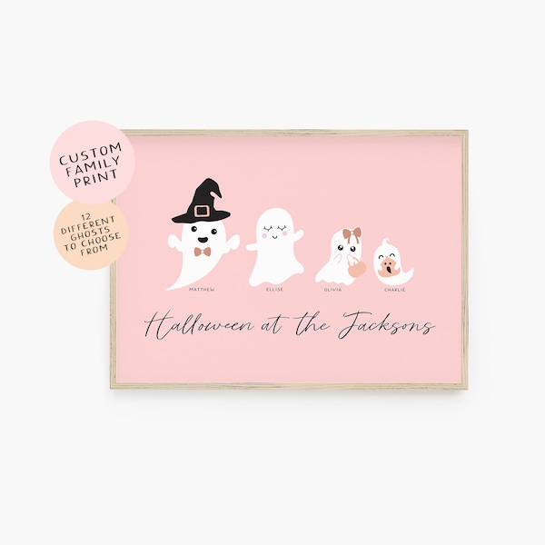 Personalized Halloween Family Portrait- DIGITAL FILE, halloween decor, halloween family gift, custom halloween printable, pink halloween