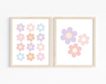 Lot de 2 oeuvres d'art murales marguerites pastel, chambre de bébé groovy, impression florale, chambre de filles rétro, art pastel printanier, mur de galerie