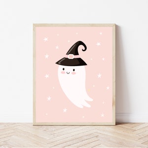 Cute ghost print, pastel halloween decor, halloween printable, girls halloween wall art, party decor, witches hat, boho print image 1