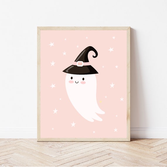Cute ghost print, pastel halloween decor, halloween printable, girls halloween wall art, party decor, witches hat, boho print