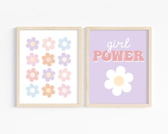 Ensemble de 2 oeuvres d'art murales Girl power, chambre de bébé groovy, marguerite rétro à imprimer, chambre de filles murales, impressions de puissance