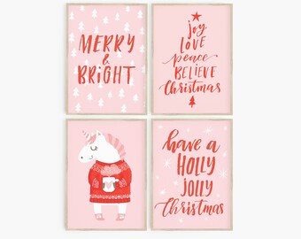 Girls' Pink Christmas Prints – Set of 4, Kids Wall Art (Digital Download)