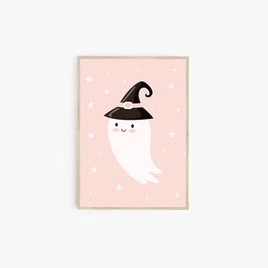 Cute ghost print, pastel halloween decor, halloween printable, girls halloween wall art, party decor, witches hat, boho print image 7