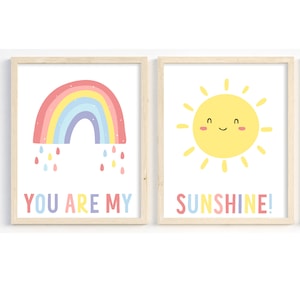 You are my sunshine print set of 2, rainbow print, colourful kids wall art, nursery printable, cute sun print, happy prints