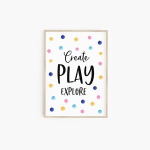 May include: A framed print with a white background and colorful confetti. The print features the text "Create Play Explore" in black.