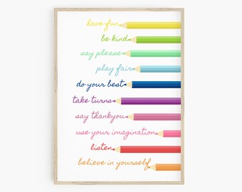 Classroom rules poster - instant download, playroom rules printable, playroom wall art, classroom rules sign, colored pencil wall art, sign