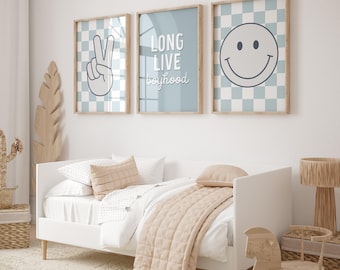 Impressions de chambre de garçon, signe de la paix à carreaux, décoration tendance bleue (téléchargement numérique)
