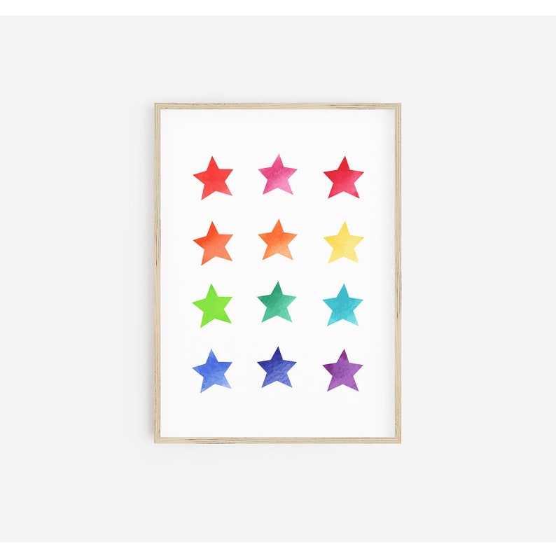 May include: A framed print with a rainbow of watercolor stars. The stars are arranged in three rows of four, with each row featuring a different color.