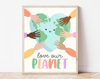 Affiche d'école du jour de la Terre, amour de notre planète imprimable, décor de babillard scolaire, salle de classe arc-en-ciel pastel lumineux