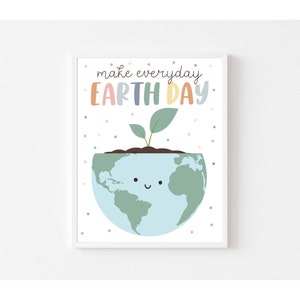 May include: A white background with a white frame around a colorful illustration of the Earth with a smiling face. A green plant is growing out of the top of the Earth. The text "make everyday EARTH DAY" is written in rainbow colors above the Earth.