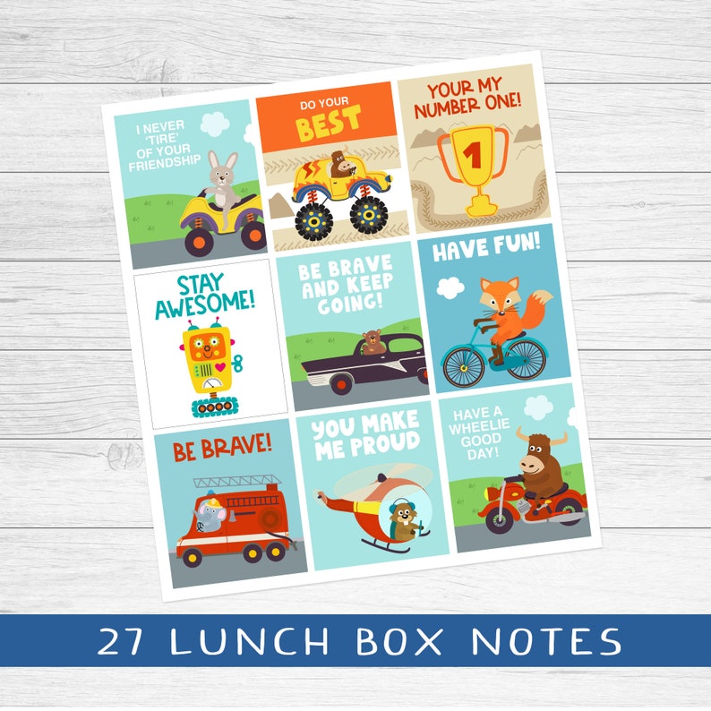 May include: Nine colorful cards with encouraging messages and illustrations of cartoon animals and vehicles. The messages include "I never tire of your friendship", "Do your best", "Stay awesome", "Be brave and keep going", "Your my number one", "Have fun", "Be brave", "You make me proud", and "Have a wheelie good day".