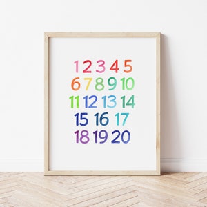 Números Cartel 1-20- números de arco iris de acuarela, descarga instantánea, decoración educativa, aprender a contar impresión, decoración de la sala de juegos, impresión en el aula