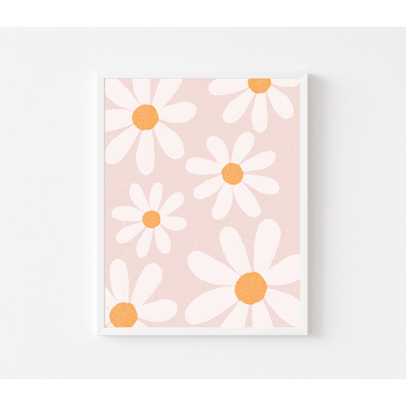 May include: A digital print featuring a pattern of white daisies with orange centers on a light pink background.
