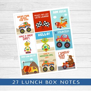 May include: A set of 27 colorful lunchbox notes featuring various cartoon vehicles and encouraging messages. The notes include phrases like "Have Fun. Along the Way", "Ready, Set, Go! Let's Learn!" and "Have a Monster-Iffic Day!"