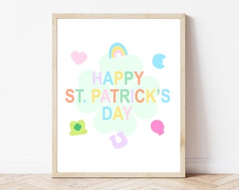 Happy St Patricks Day print, St Patricks day decor, St Pattys print, kids wall art, pastel colors, lucky charms